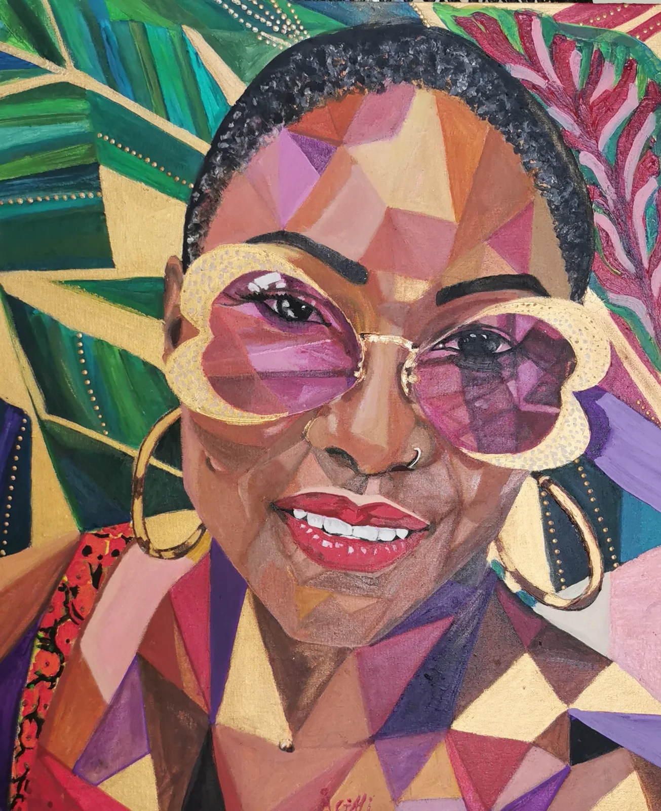 « Beautiful », portrait géométrique d'une femme aux lunettes roses